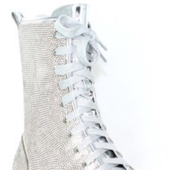 Pazzle BETSY Combat Silver Rhinestone Embellished Lace-up Tall Metallic Boot - Picture 3 of 10